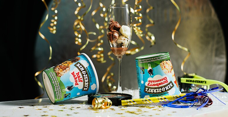 Streamers, Pints of Ben & Jerry's and champagne glass