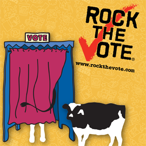 cows at voting station and Rock the Vote logo