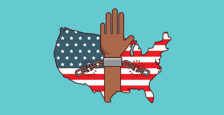 Illustration of the USA with hands breaking free from handcuffs