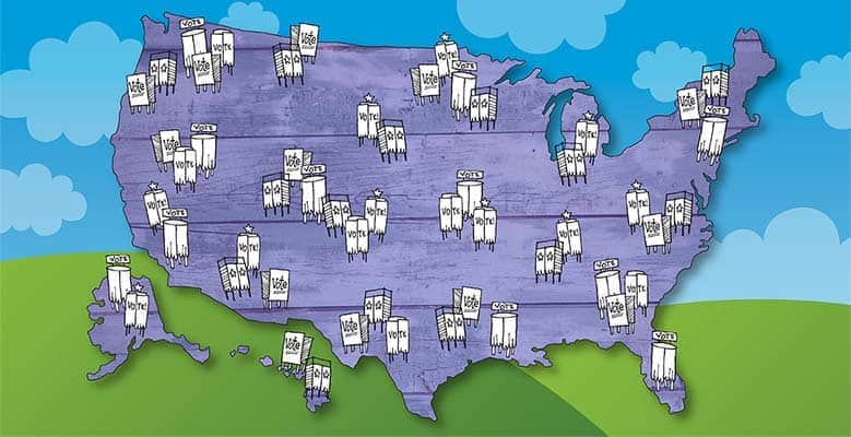 Map of USA with voting booths overlaid