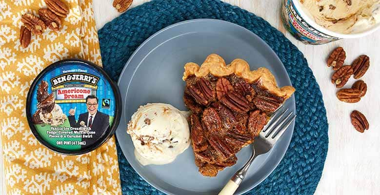 Pint of American Dream ice cream with a slice of pecan pie.