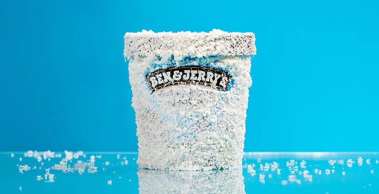 Pint of Ben & Jerry's crusted in ice so the flavor name is obscured.