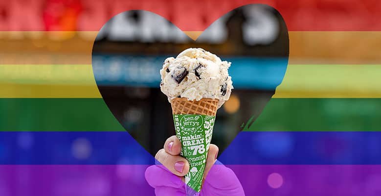 Ben & Jerry's ice cream cone in a heart with Pride rainbow stripes