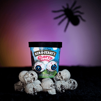 Pint of Cherry Garcia with eyeballs and skulls