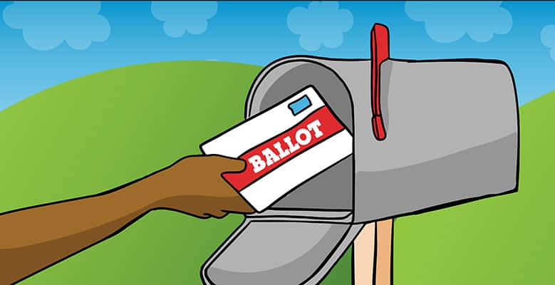 Illustration of a hand putting a ballot into a mailbox